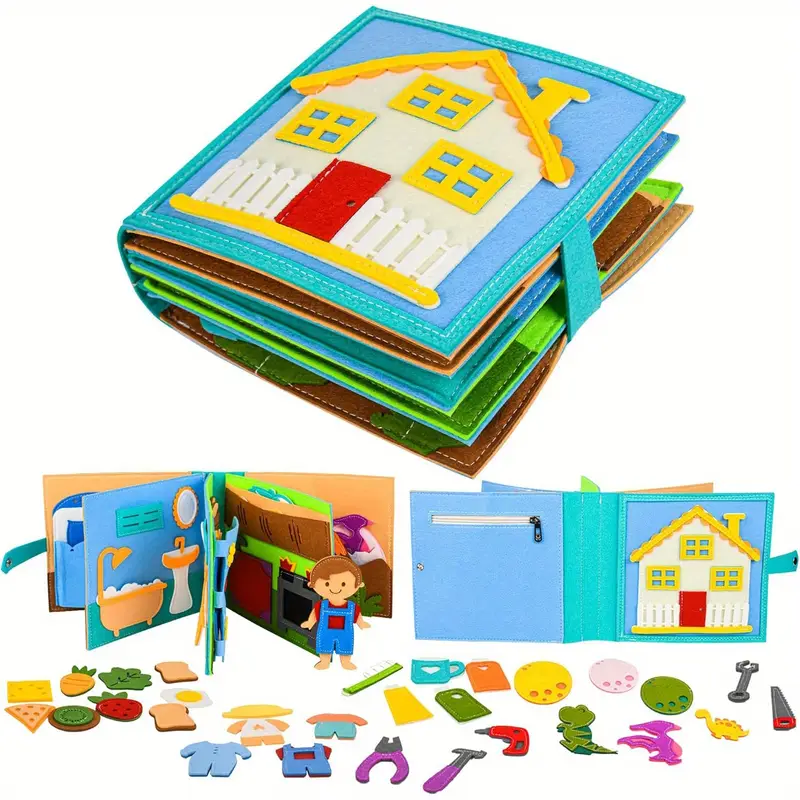 Montessori Felt Busy Book – Daily House Activity Story Book Blue